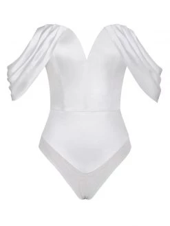 Miss Circle Tops Paige Draped Off Shoulder Satin Bodysuit