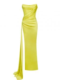 Miss Circle Holly Lemon Crystallized Corset High Slit Satin Gown