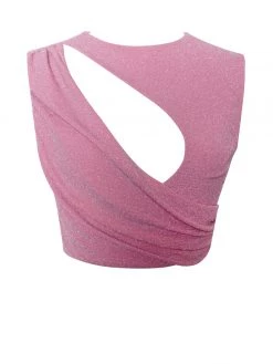 Miss Circle Teia Salmon Pink Metallic Jersey Cutout Top