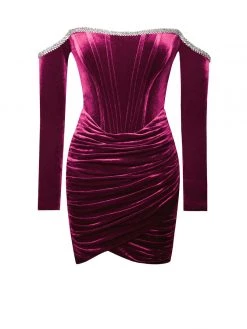 Miss Circle Odette Burgundy Velvet Off Shoulder Corset Dress With Crystal Trim