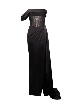 Miss Circle Rebeca Black Satin High Slit Corset Gown