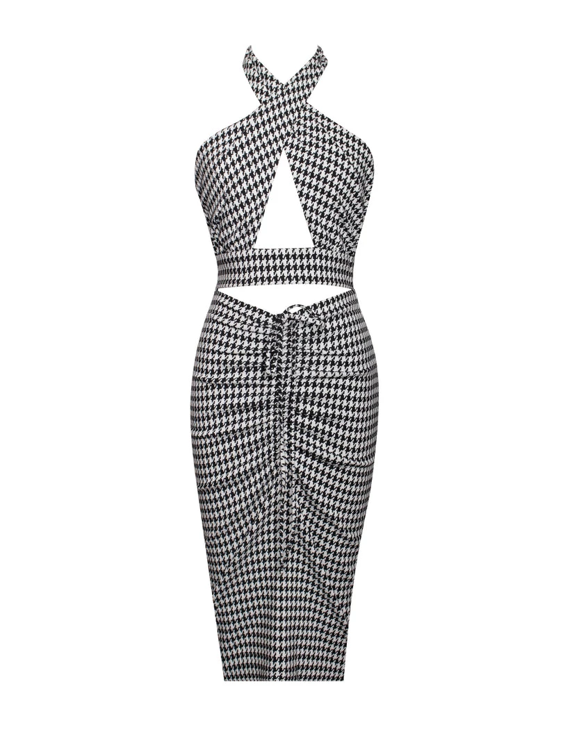 Miss Circle Dresses Hayden Houndstooth Crisscross Halter Neck Dress