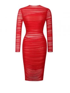 Miss Circle Jimena Red Ruched Mesh Long Sleeve Dress Dresses