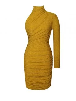 Miss Circle New In Starlight Gold Metallic One Sleeve Dress