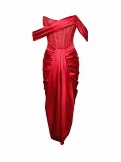 Miss Circle Stella Burgundy Off Shoulder Crystal Corset Satin Gown Corsets