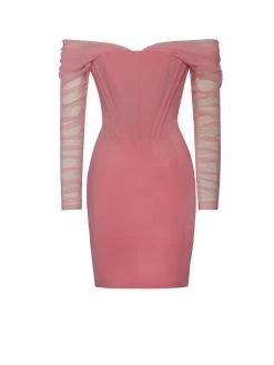 Miss Circle Zofia Salmon Pink Off Shoulder Mesh Sleeve Corset Dress Corsets