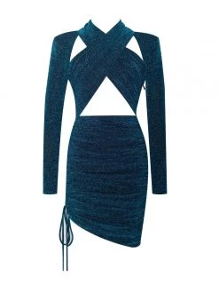 Miss Circle Urvi Teal Long Sleeve Criss Cross Glitter Jersey Dress Dresses