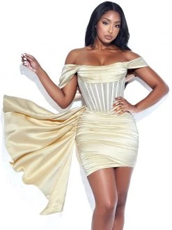 Miss Circle Kendal Butter Satin Draping Off Shoulder Corset Dress