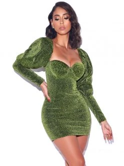 Miss Circle Verina Green Metallic Puff Shoulder Dress