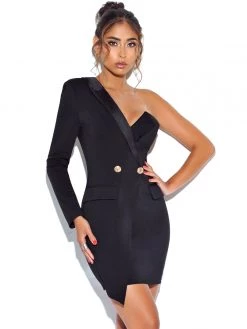 Miss Circle Keep One Up One Sleeved Black Crepe Tuxedo Blazer Dress