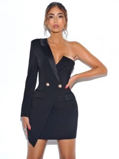 Miss Circle Keep One Up One Sleeved Black Crepe Tuxedo Blazer Dress