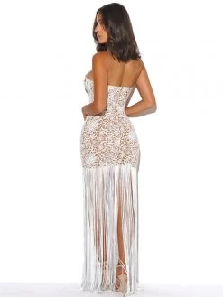 Miss Circle Become The One White Lace Long Fringed Strapless Dress Dresses