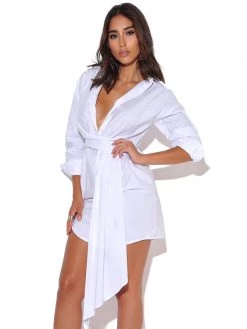 Miss Circle On My Mind White Draped Stretchy Boyfriend Shirt Dress Dresses