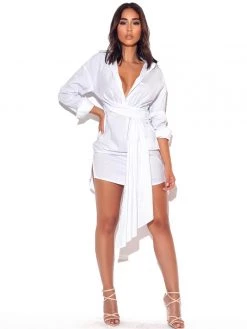 Miss Circle On My Mind White Draped Stretchy Boyfriend Shirt Dress Dresses