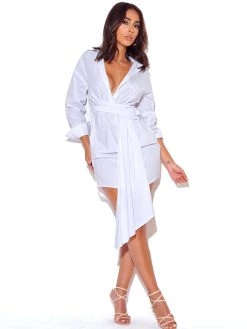 Miss Circle On My Mind White Draped Stretchy Boyfriend Shirt Dress Dresses
