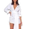 Miss Circle On My Mind White Draped Stretchy Boyfriend Shirt Dress Dresses