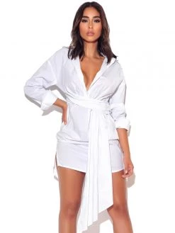 Miss Circle On My Mind White Draped Stretchy Boyfriend Shirt Dress Dresses