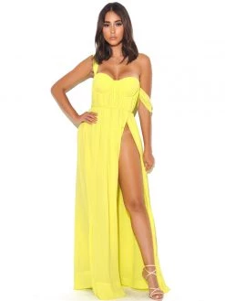 Miss Circle Paradise High Slit Yellow Chiffon Maxi Dress Dresses