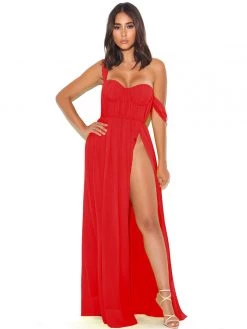 Miss Circle Paradise High Slit Red Chiffon Maxi Dress