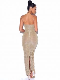 Miss Circle The Glint Gold Ruched Chiffon Long Maxi Dress