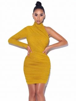 Miss Circle New In Starlight Gold Metallic One Sleeve Dress
