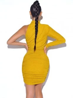 Miss Circle New In Starlight Gold Metallic One Sleeve Dress