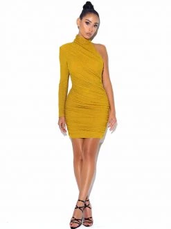 Miss Circle New In Starlight Gold Metallic One Sleeve Dress