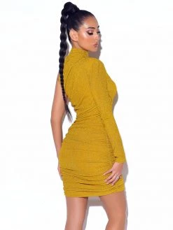 Miss Circle New In Starlight Gold Metallic One Sleeve Dress