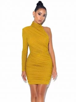 Miss Circle New In Starlight Gold Metallic One Sleeve Dress