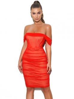 Miss Circle Weslee Red Off Shoulder Mesh Corset Dress