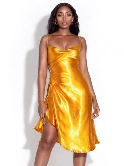 Miss Circle Montego Gold Satin Side Slit Dress