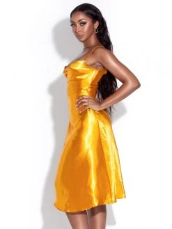 Miss Circle Montego Gold Satin Side Slit Dress