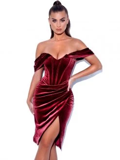 Miss Circle Corsets Omaria Burgundy Velvet Off Shoulder Corset Dress