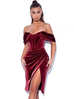 Miss Circle Corsets Omaria Burgundy Velvet Off Shoulder Corset Dress