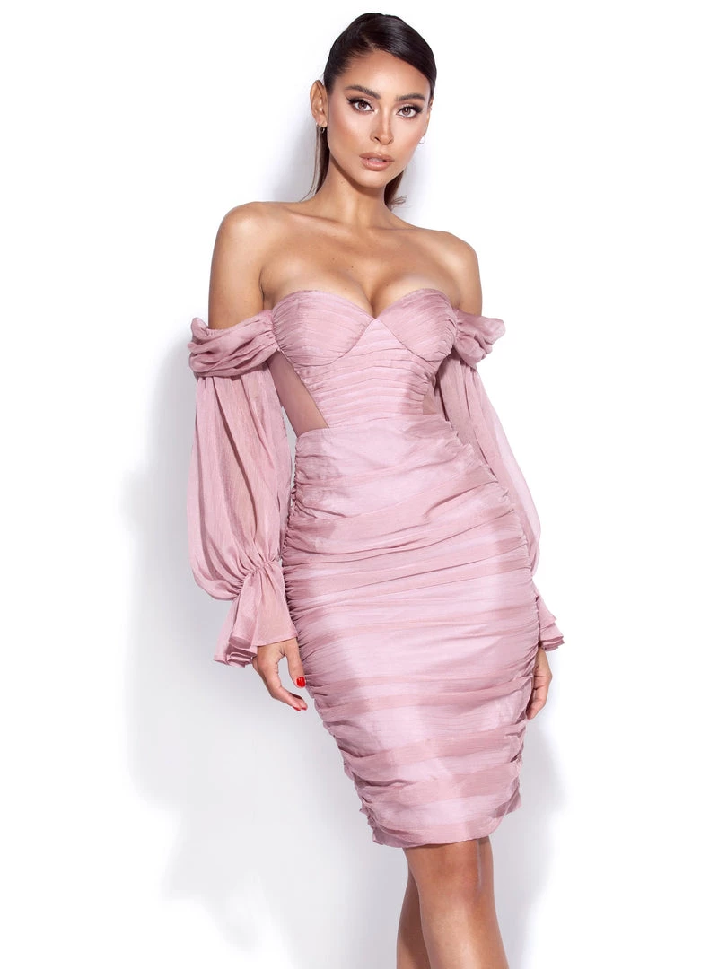 Miss Circle Sale Sirene Blush Silk Pleated Off Shoulder Balloon Sleeves Dress