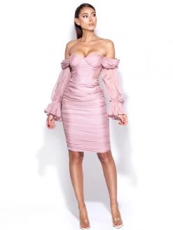 Miss Circle Sale Sirene Blush Silk Pleated Off Shoulder Balloon Sleeves Dress