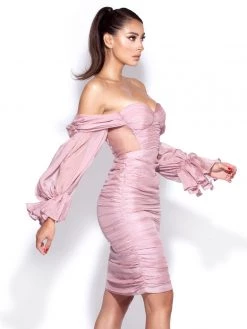 Miss Circle Sale Sirene Blush Silk Pleated Off Shoulder Balloon Sleeves Dress