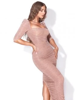 Miss Circle Sorrel Rose Gold Ruched Chiffon Long Maxi Dress