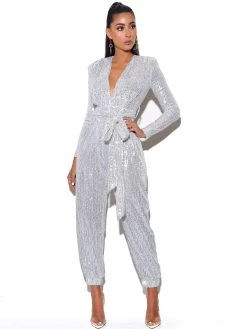 Miss Circle Tasha Silver Sequin Jumpsuit With Waist Tie