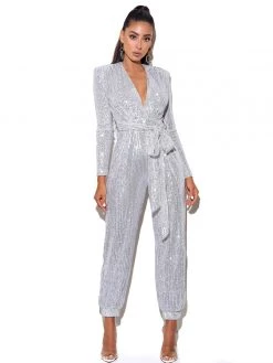 Miss Circle Tasha Silver Sequin Jumpsuit With Waist Tie
