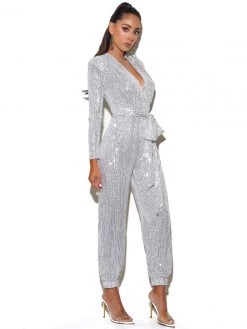 Miss Circle Tasha Silver Sequin Jumpsuit With Waist Tie
