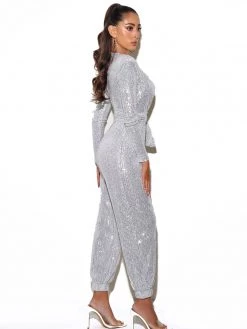 Miss Circle Tasha Silver Sequin Jumpsuit With Waist Tie