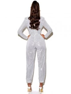 Miss Circle Tasha Silver Sequin Jumpsuit With Waist Tie