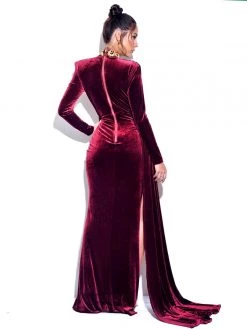 Miss Circle Zenaida Burgundy Cutout High Slit Velvet Gown