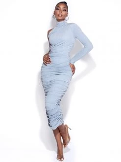 Miss Circle Peyton Blue One Sleeve Ruched Pencil Dress