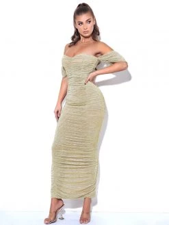 Miss Circle New In Gene Gold Ruched Off Shoulder Chiffon Dress