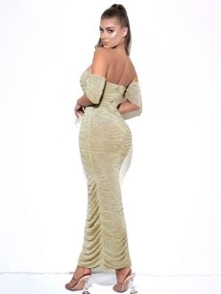 Miss Circle New In Gene Gold Ruched Off Shoulder Chiffon Dress