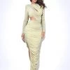 Miss Circle New In Payson Pale Yellow Long Sleeve Metallic Jersey Cutout Dress