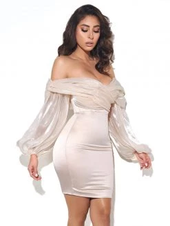 Miss Circle New In Jacey Beige Off Shoulder Balloon Sleeve Dress