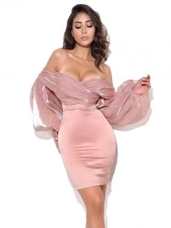Miss Circle Jacey Peach Off Shoulder Balloon Sleeve Dress New In